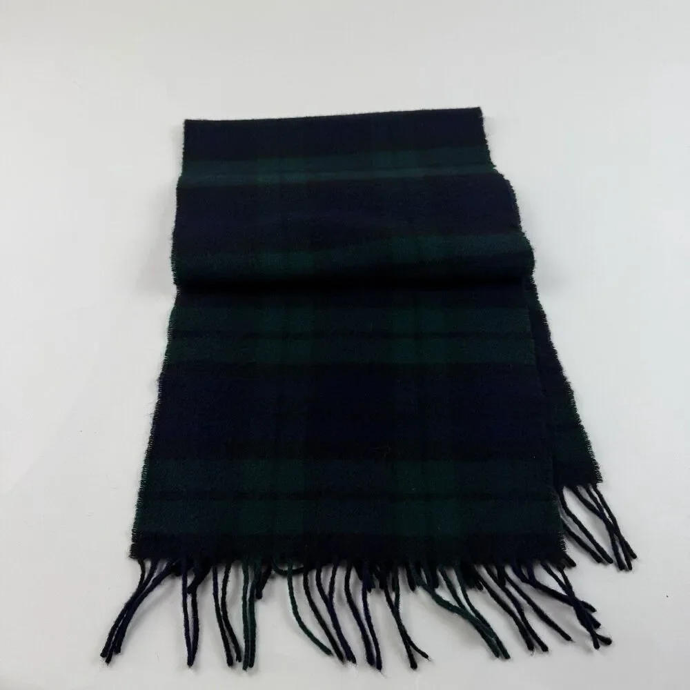 Brooks Brothers Black Watch Lambswool Scarf Blue Green Tartan Fringe 54 x 12